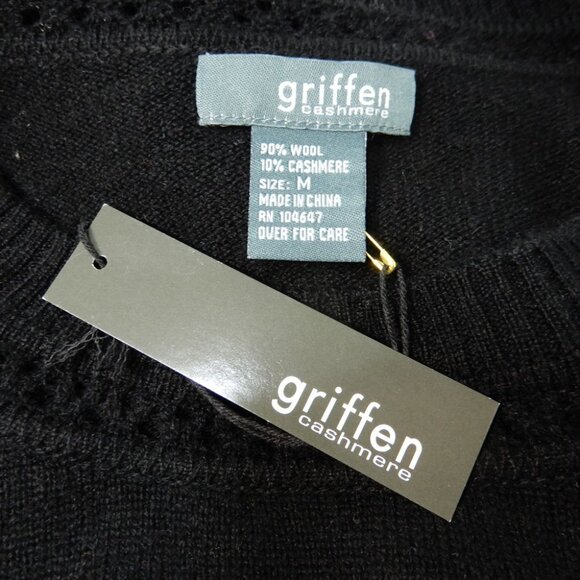 GRIFFEN Open Stitch Trim Wool & Cashmere Crewneck Sweater Size M Black NEW - Picture 3 of 5